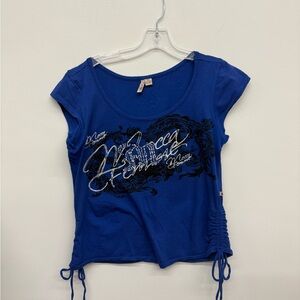 Blue Scoop Neck Graphic Ruched Side Women’s Top